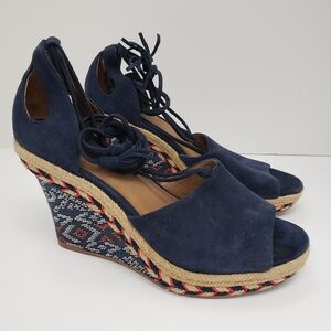 Cabi 7M Espadrille 6001 Wedge Navy Blue Suede Red/white Heels Tassel Ankle Ties